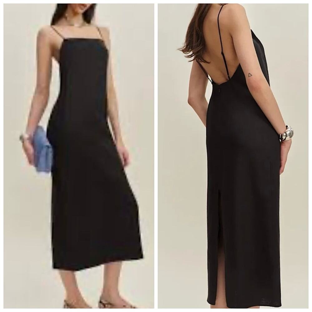 Reformation Gael Black Linen Midi Dress 10 Minimalist Modern Feminine Luxury NWT